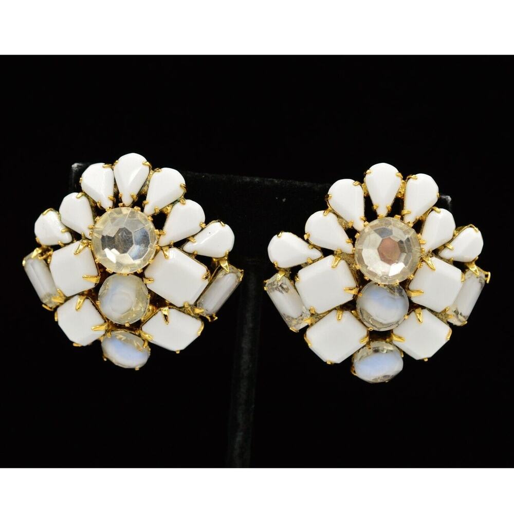 Vintage Crystal Cabochon Clip On Earrings Milk White Prong Rhinestone Chunky BnS